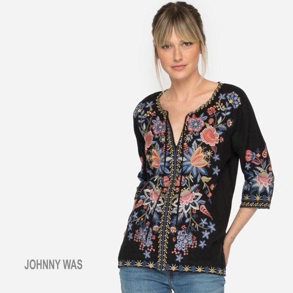 Johnny Was Tops - JOHNNY WAS Black Tiwa Peasant Blouse Medium